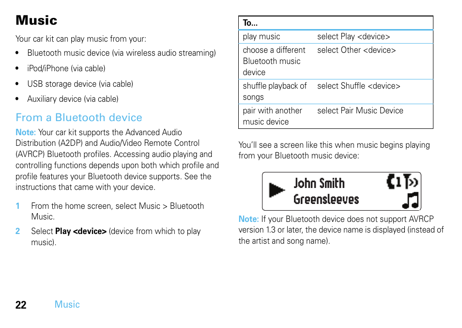 Music, From a bluetooth device, John smith greensleeves | Motorola 68014301013 User Manual | Page 24 / 36