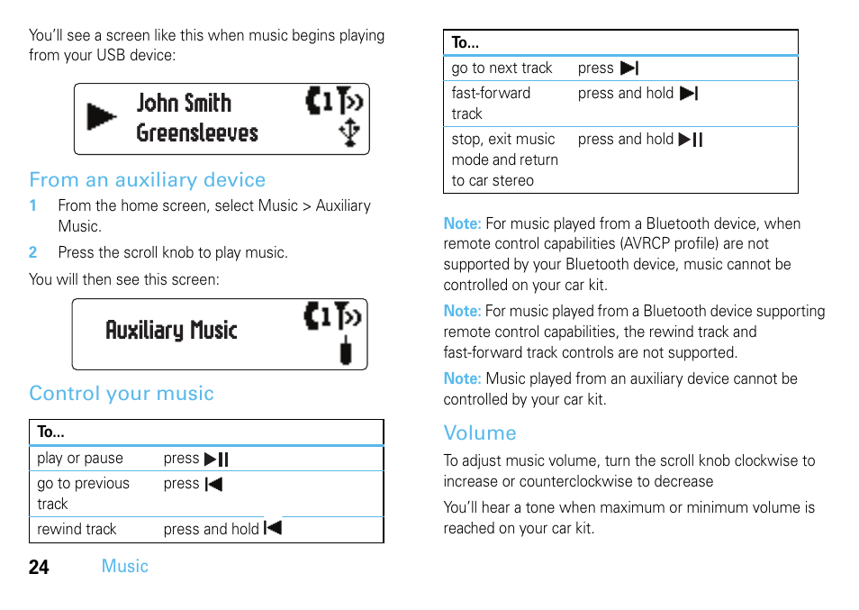 From an auxiliary device, Control your music, Volume | John smith greensleeves auxiliary music | Motorola 68014301013 User Manual | Page 26 / 36