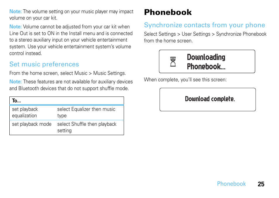 Set music preferences, Phonebook, Synchronize contacts from your phone | Synchronize contacts, From your phone, Downloading phonebook | Motorola 68014301013 User Manual | Page 27 / 36