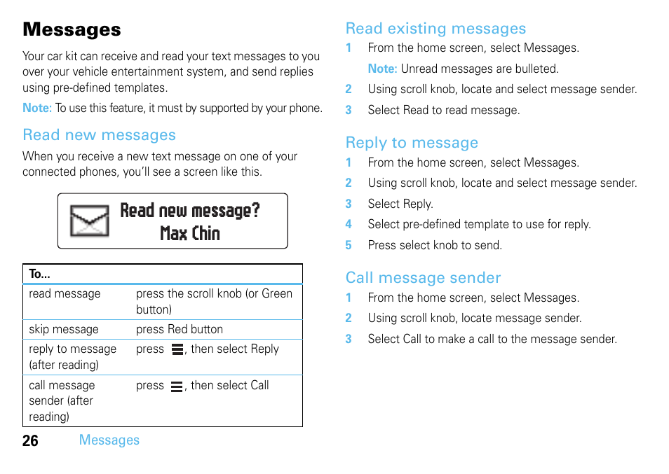Messages, Read new messages, Read existing messages | Reply to message, Call message sender, Read new message? max chin | Motorola 68014301013 User Manual | Page 28 / 36