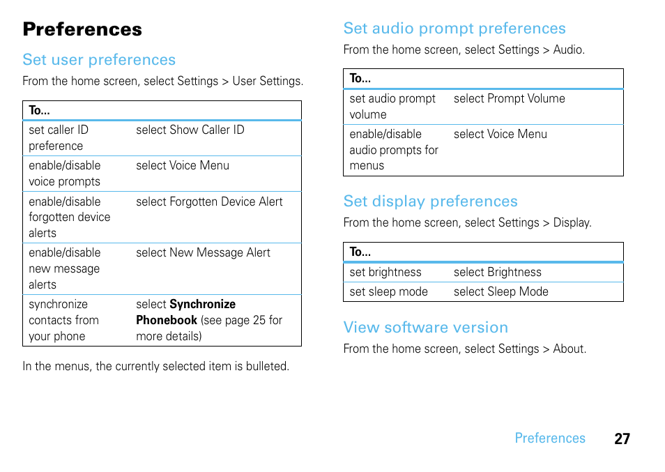 Preferences, Set user preferences, Set audio prompt preferences | Set display preferences, View software version, Safety, regulatory & legal | Motorola 68014301013 User Manual | Page 29 / 36