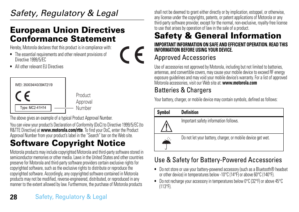 Safety, regulatory & legal, Eu conformance, Software copyright notice | Safety information, Safety & general information, Approved accessories, Batteries & chargers, Use & safety for battery-powered accessories | Motorola 68014301013 User Manual | Page 30 / 36