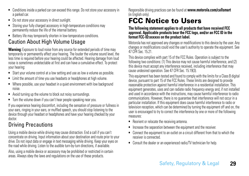 Fcc notice, Fcc notice to users, Caution about high volume usage | Driving precautions | Motorola 68014301013 User Manual | Page 31 / 36