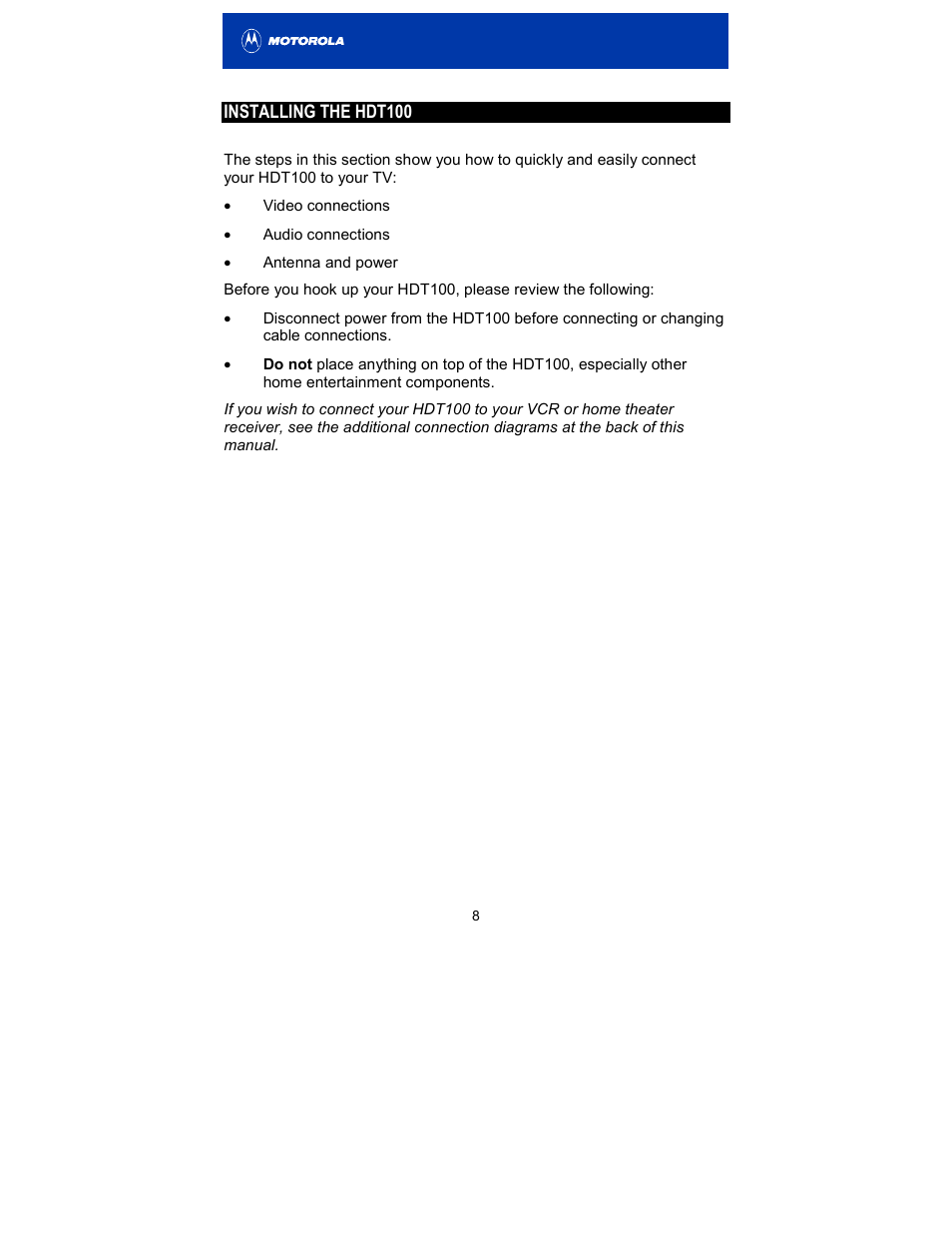 Installing the hdt100 | Motorola HDT100 User Manual | Page 13 / 48