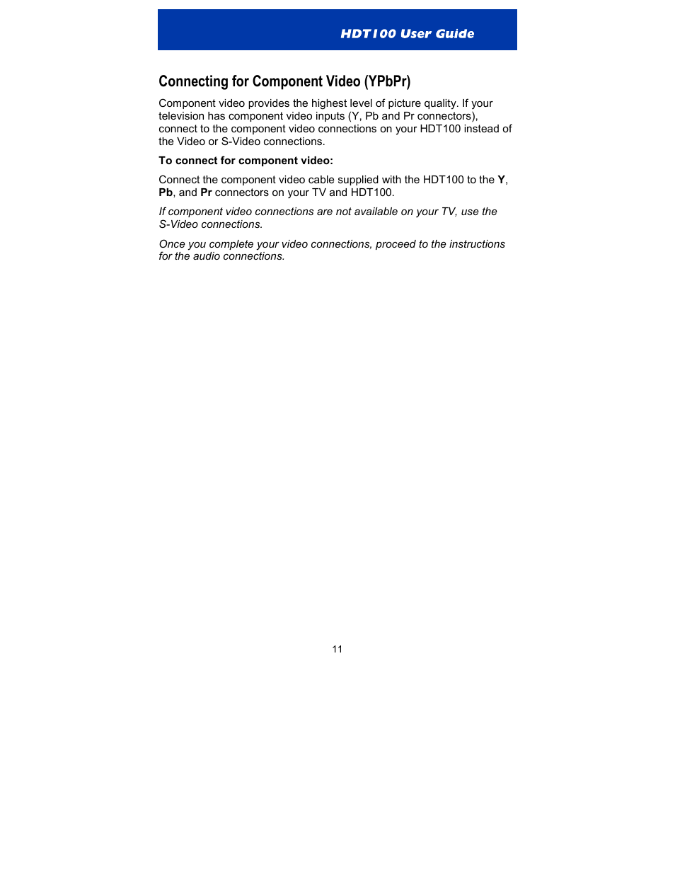 Connecting for component video (ypbpr) | Motorola HDT100 User Manual | Page 16 / 48
