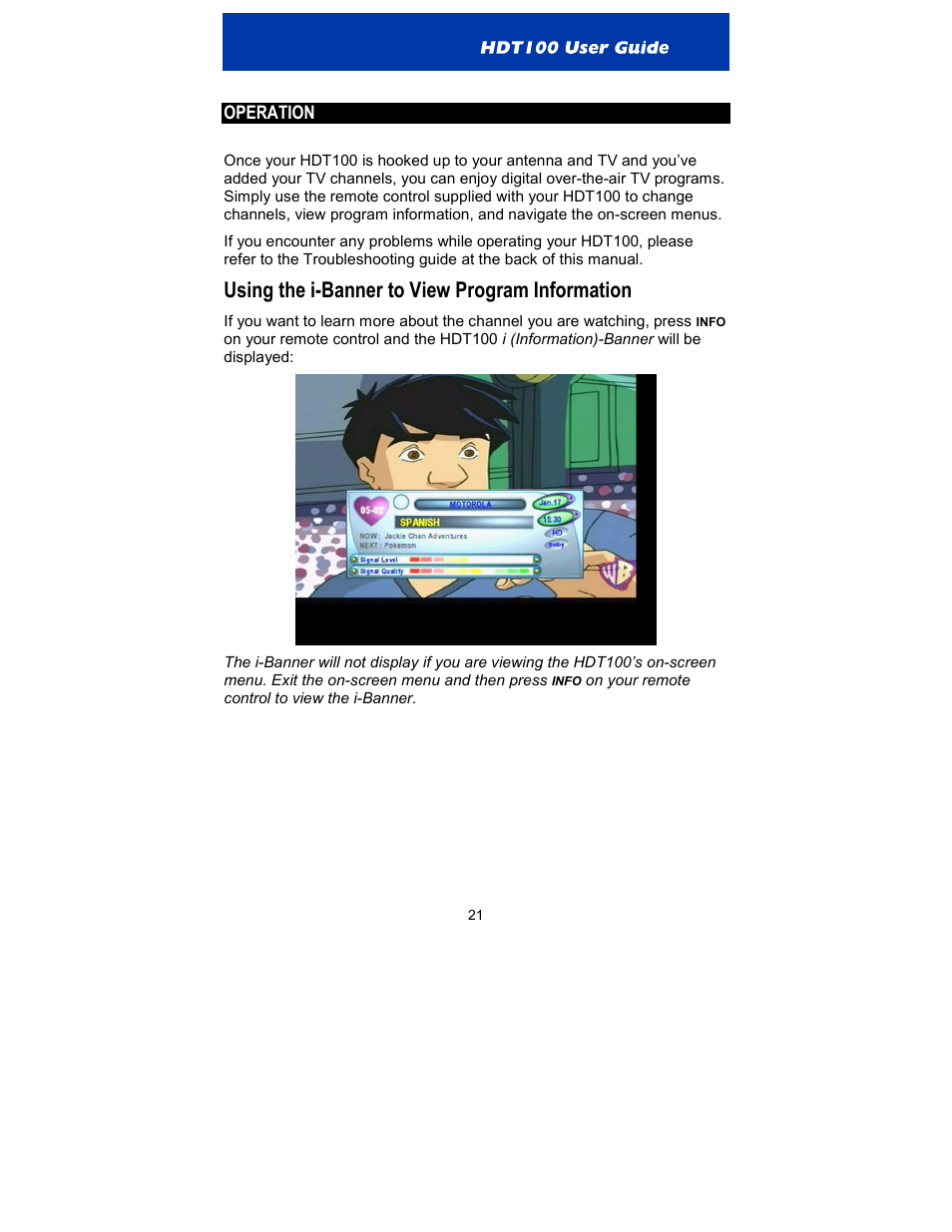 Operation, Using the i-banner to view program information | Motorola HDT100 User Manual | Page 26 / 48