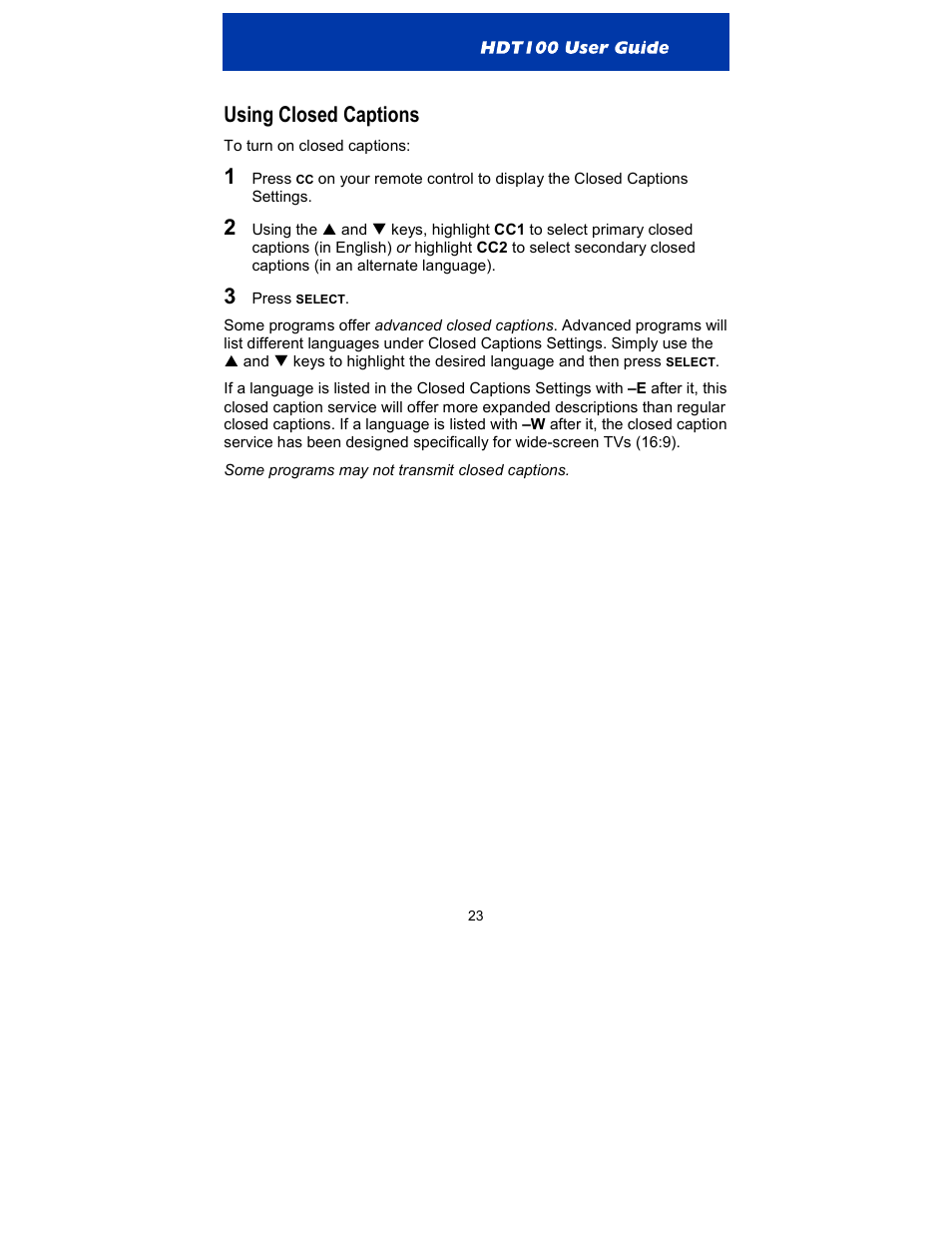 Using closed captions | Motorola HDT100 User Manual | Page 28 / 48