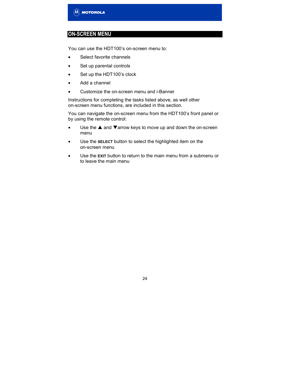 On-screen menu | Motorola HDT100 User Manual | Page 29 / 48