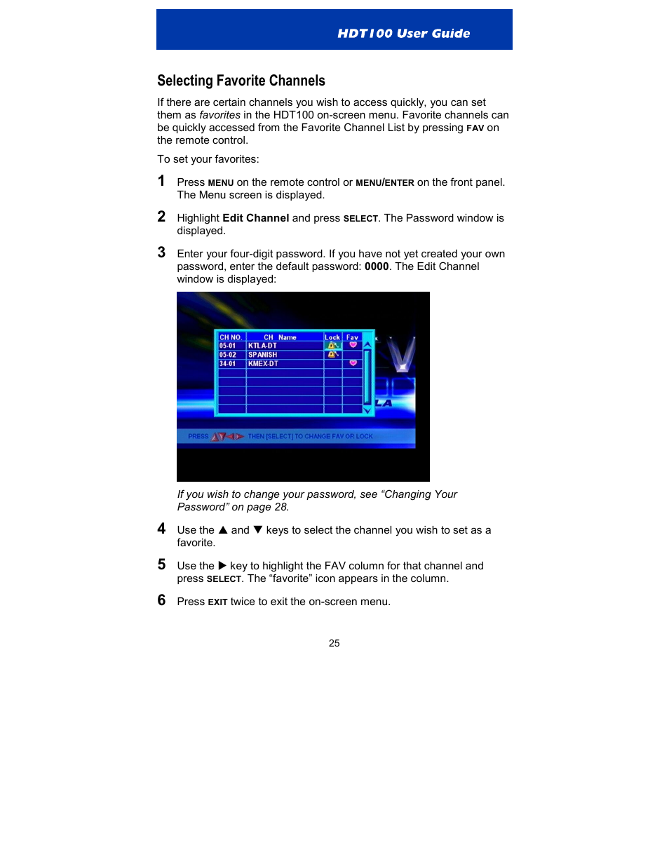 Selecting favorite channels | Motorola HDT100 User Manual | Page 30 / 48