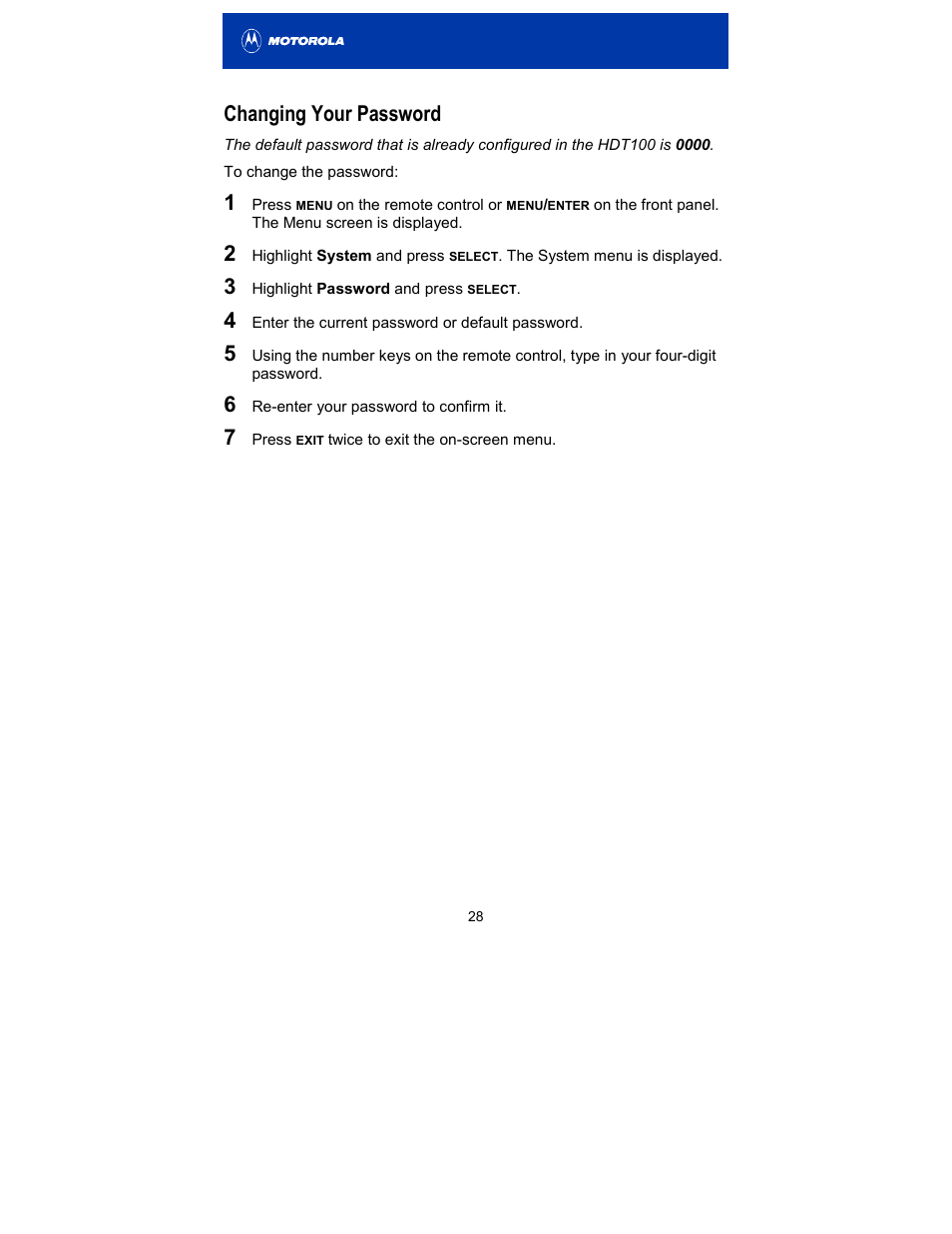 Changing your password | Motorola HDT100 User Manual | Page 33 / 48