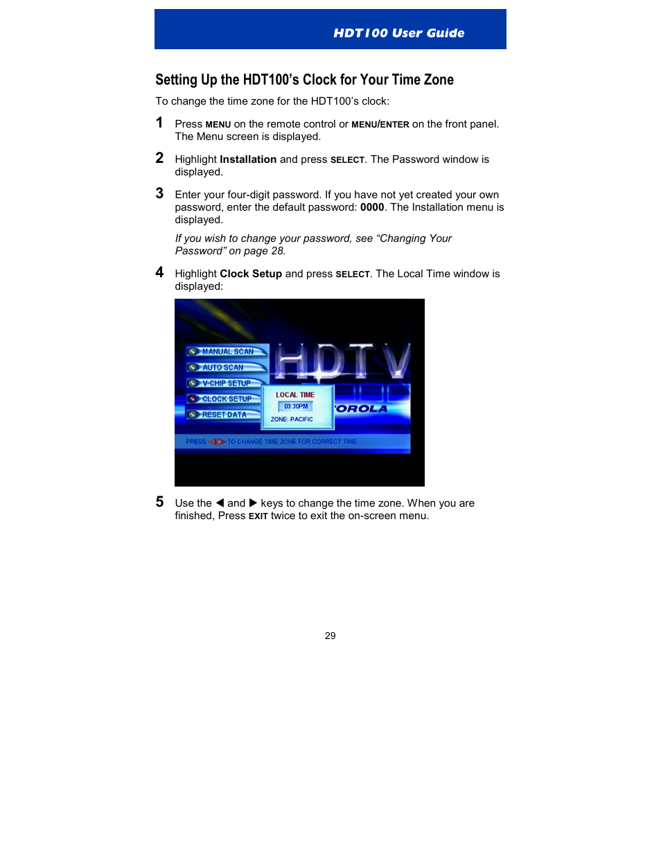 Setting up the hdt100’s clock for your time zone | Motorola HDT100 User Manual | Page 34 / 48