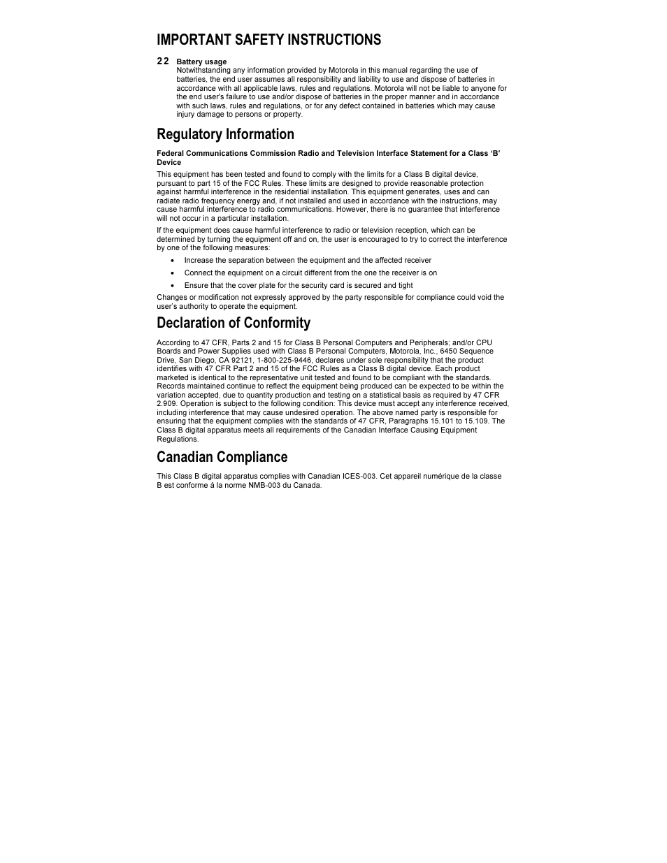 Important safety instructions, Regulatory information, Declaration of conformity | Canadian compliance | Motorola HDT100 User Manual | Page 4 / 48