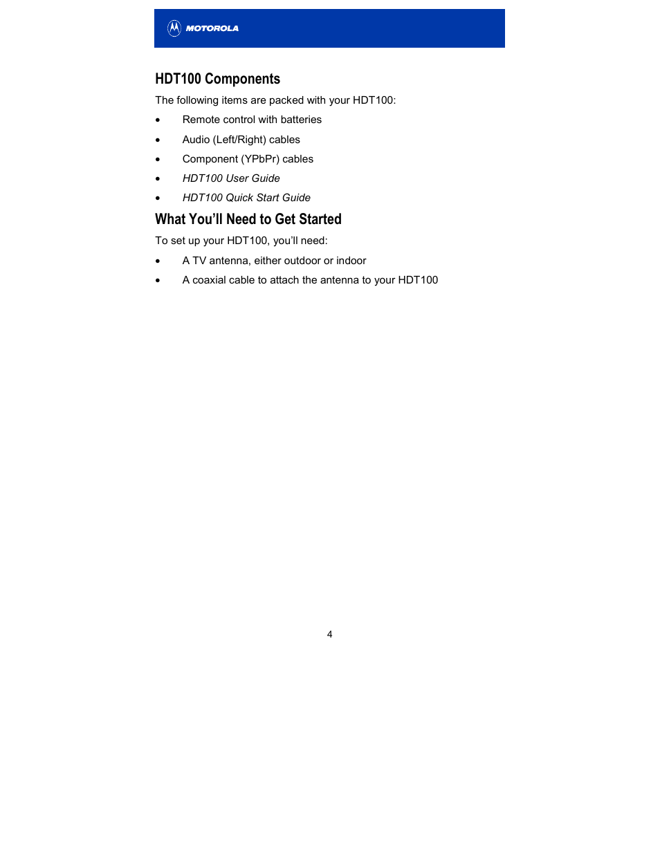 Hdt100 components, What you’ll need to get started | Motorola HDT100 User Manual | Page 9 / 48