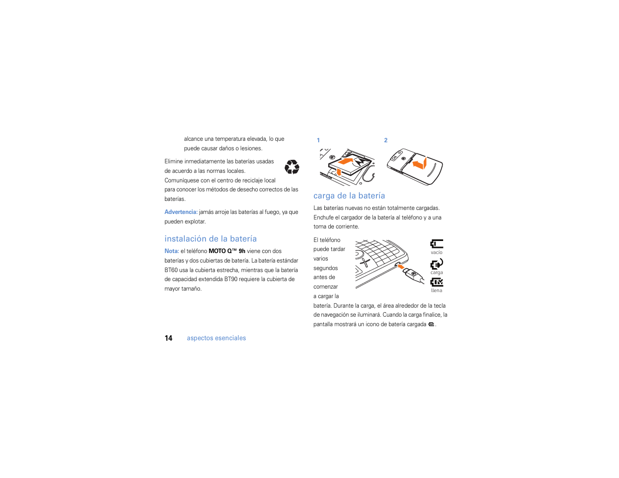 Instalación de la batería, Carga de la batería | Motorola MOTO Q 9h User Manual | Page 104 / 184