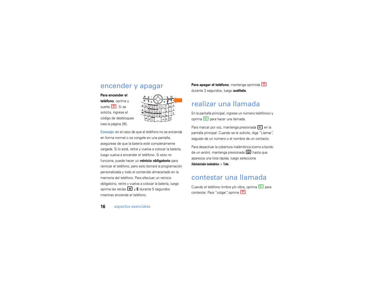 Encender y apagar, Realizar una llamada, Contestar una llamada | Motorola MOTO Q 9h User Manual | Page 106 / 184