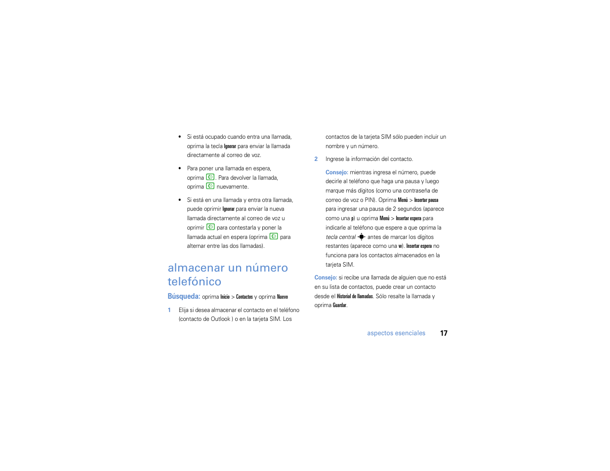 Almacenar un número telefónico, Almacenar un número, Telefónico | Motorola MOTO Q 9h User Manual | Page 107 / 184