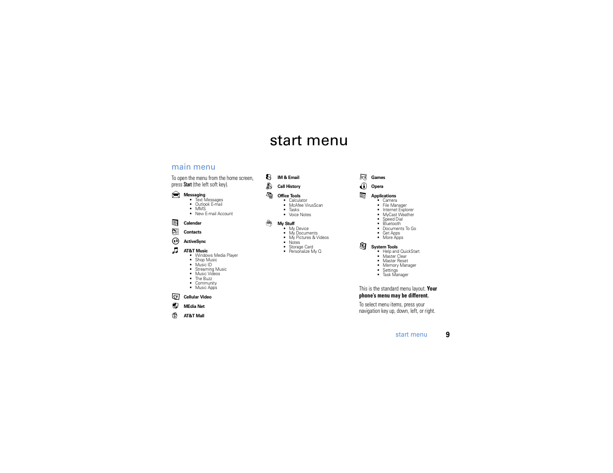 Start menu, Main menu | Motorola MOTO Q 9h User Manual | Page 11 / 184