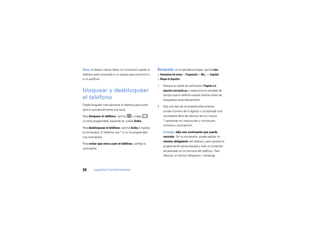 Bloquear y desbloquear el teléfono, Bloquear y desbloquear, El teléfono | Motorola MOTO Q 9h User Manual | Page 116 / 184