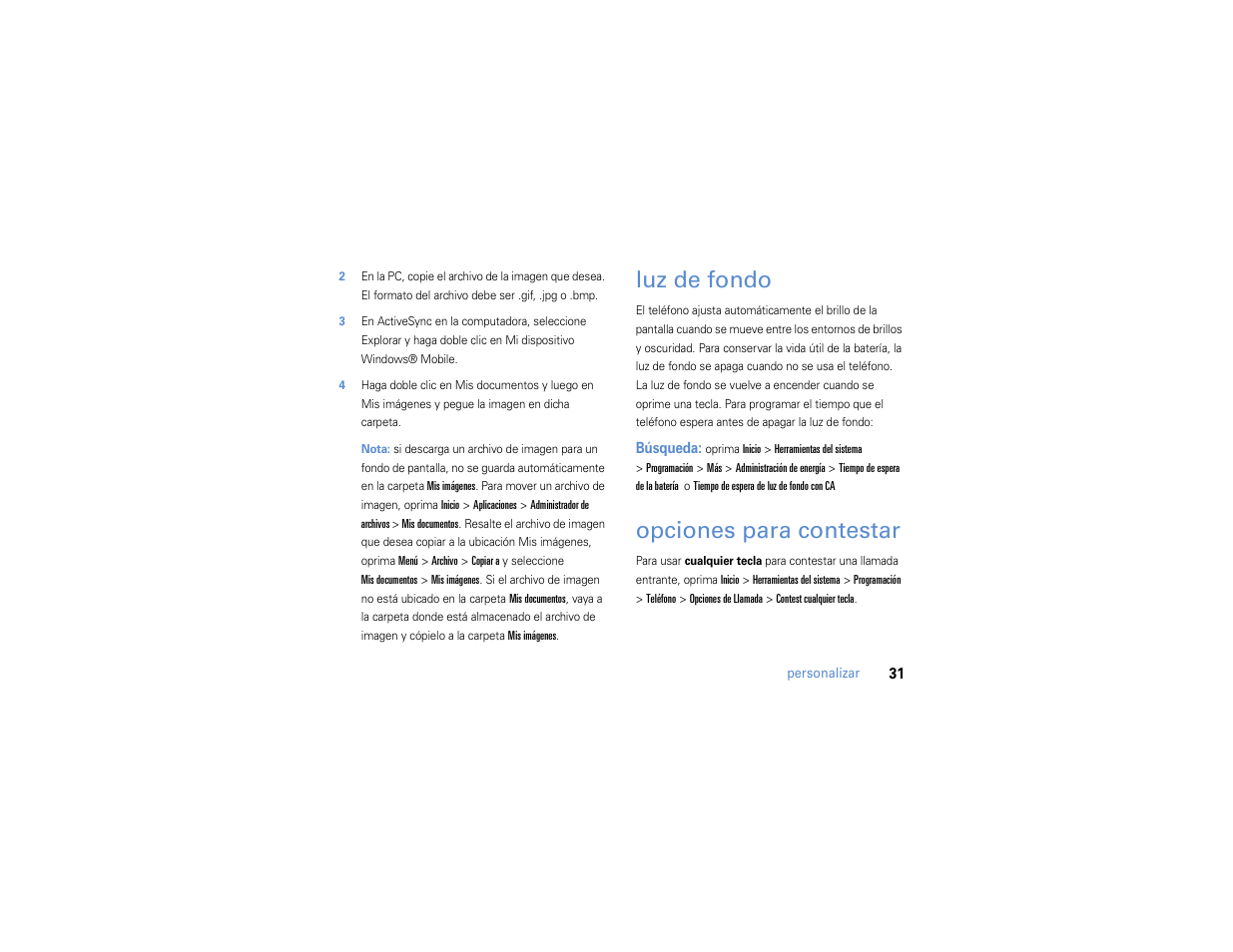 Luz de fondo, Opciones para contestar | Motorola MOTO Q 9h User Manual | Page 121 / 184