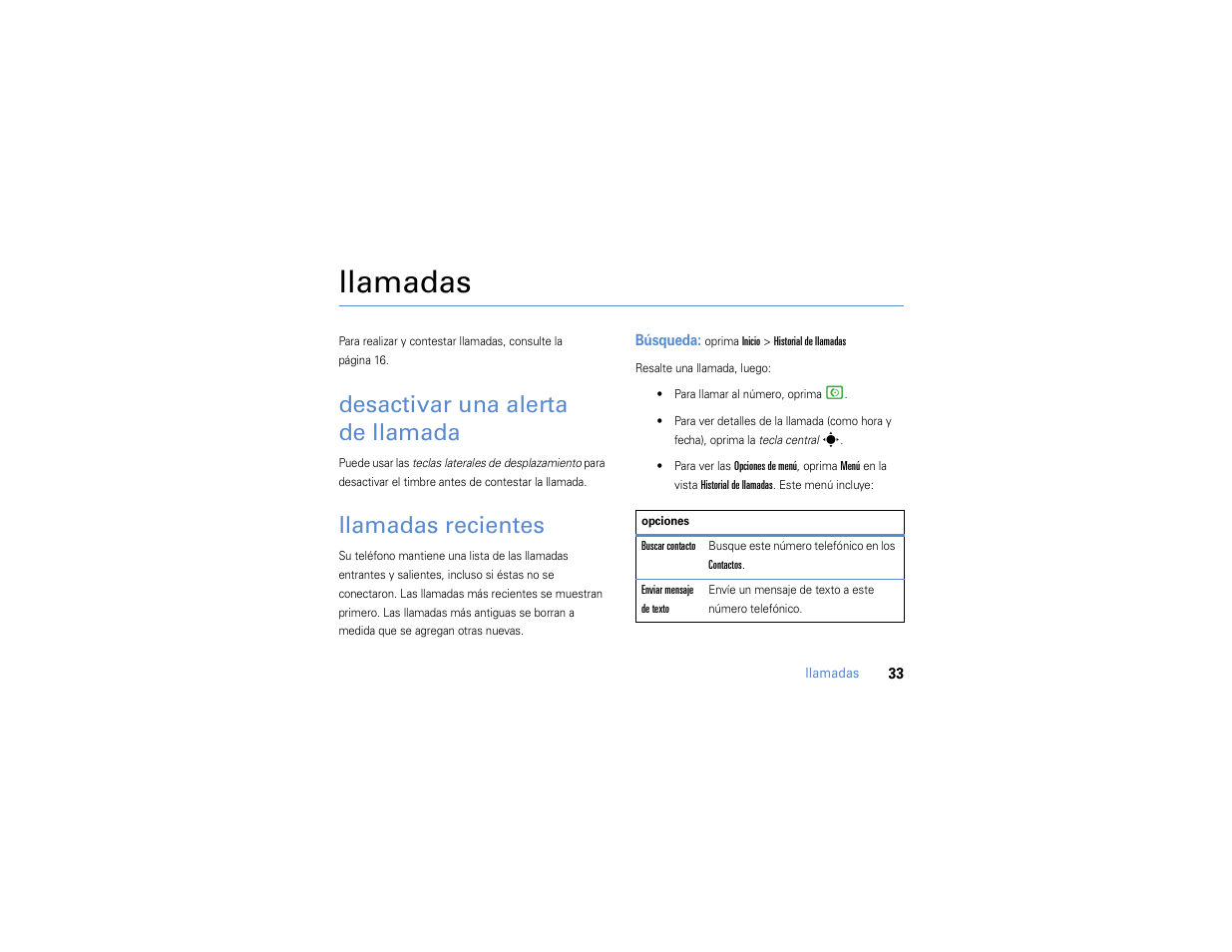 Llamadas, Desactivar una alerta de llamada, Llamadas recientes | Desactivar una alerta, De llamada | Motorola MOTO Q 9h User Manual | Page 123 / 184