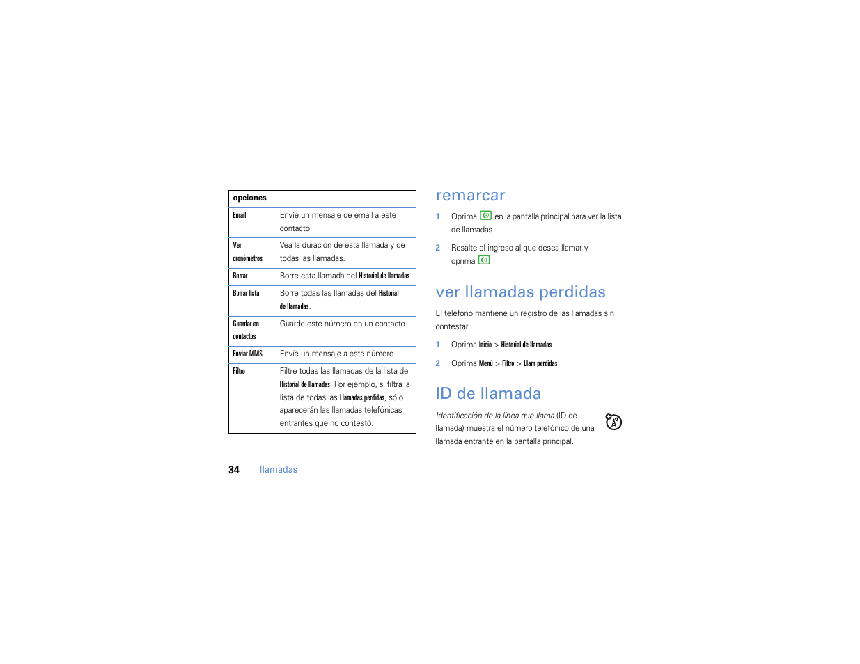 Remarcar, Ver llamadas perdidas, Id de llamada | Motorola MOTO Q 9h User Manual | Page 124 / 184