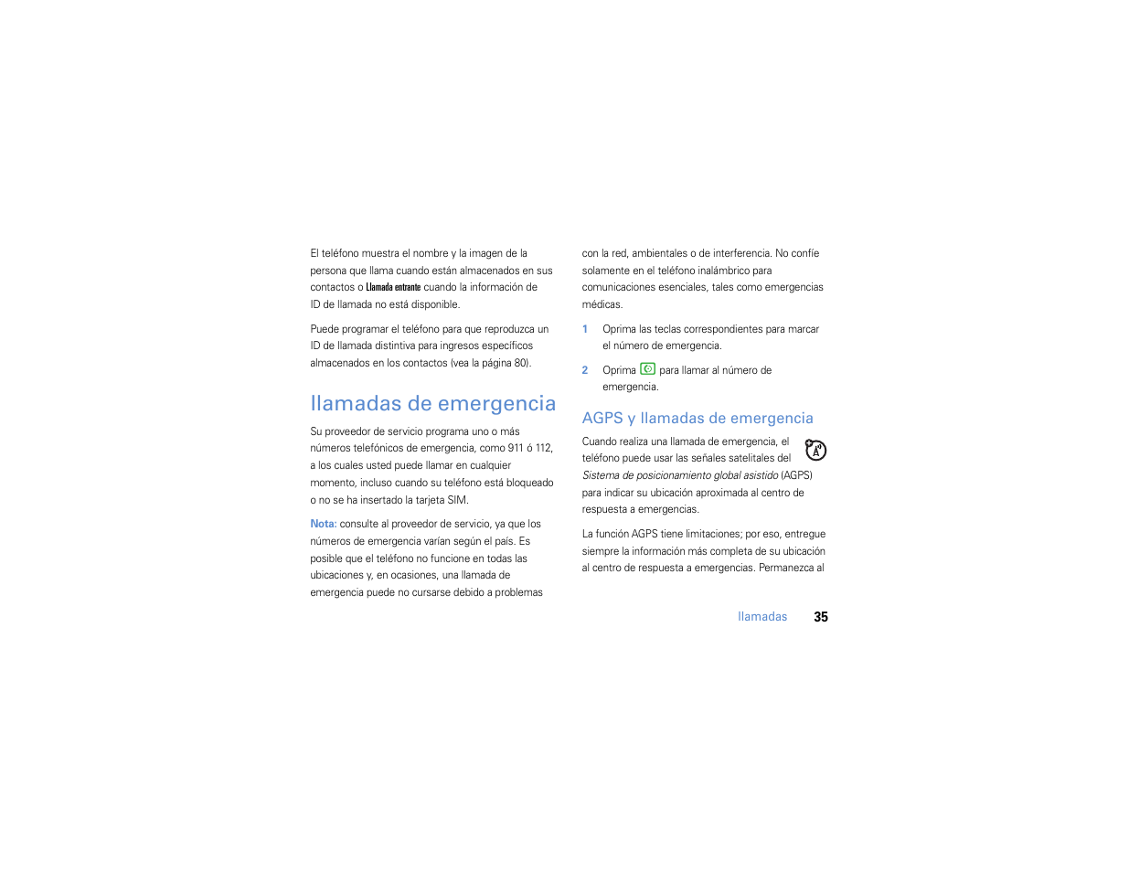 Llamadas de emergencia, Agps y llamadas de emergencia | Motorola MOTO Q 9h User Manual | Page 125 / 184