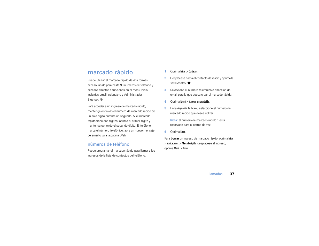 Marcado rápido, Números de teléfono | Motorola MOTO Q 9h User Manual | Page 127 / 184