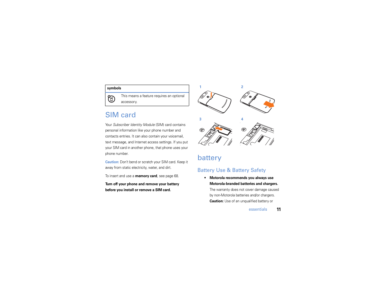 Sim card, Battery, Battery use & battery safety | Motorola MOTO Q 9h User Manual | Page 13 / 184