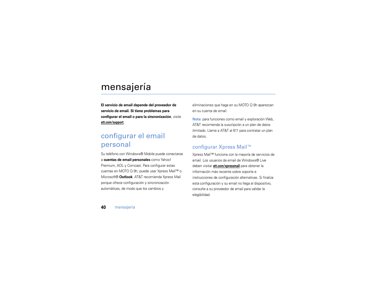 Mensajería, Configurar el email personal, Configurar el email | Personal | Motorola MOTO Q 9h User Manual | Page 130 / 184