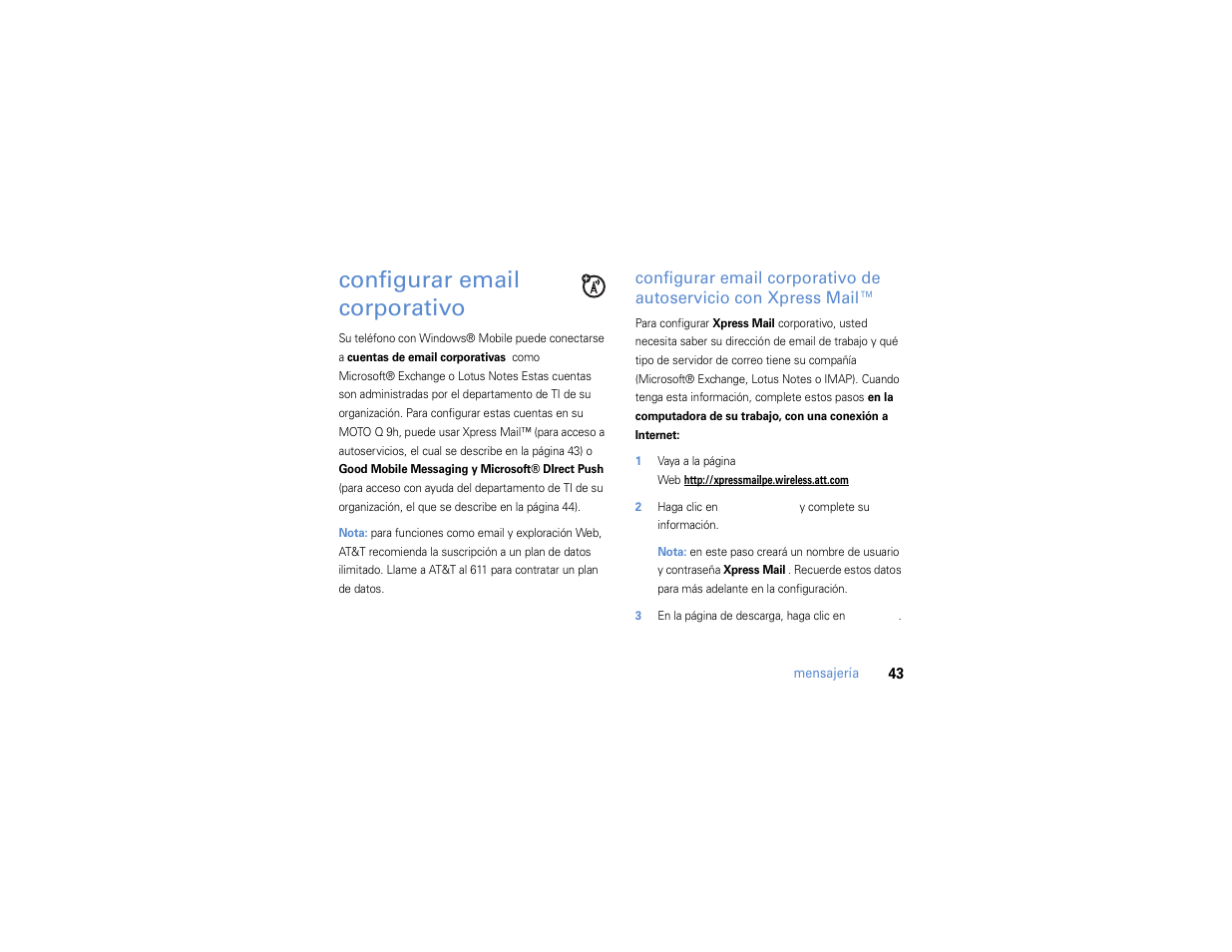 Configurar email corporativo, Configurar email, Corporativo | Motorola MOTO Q 9h User Manual | Page 133 / 184