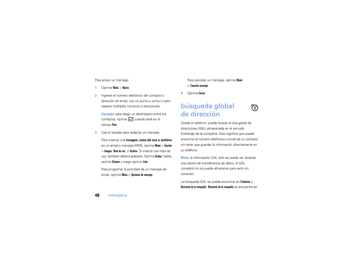 Búsqueda global de dirección, Búsqueda global, De dirección | Motorola MOTO Q 9h User Manual | Page 138 / 184