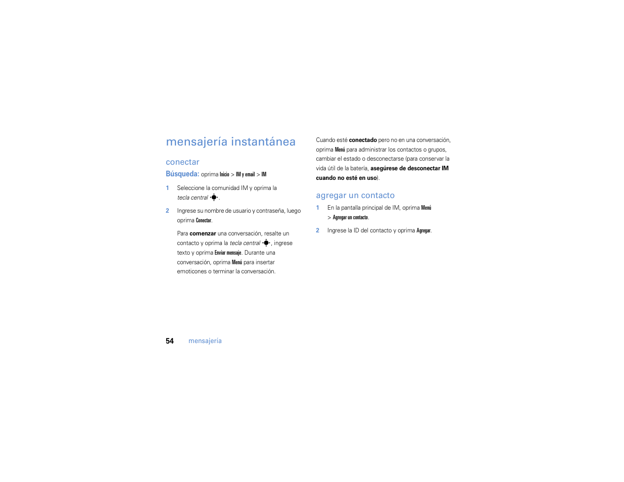 Mensajería instantánea, Conectar, Agregar un contacto | Motorola MOTO Q 9h User Manual | Page 144 / 184