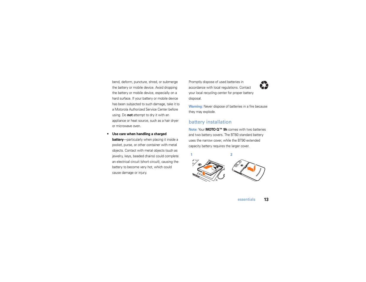 Battery installation | Motorola MOTO Q 9h User Manual | Page 15 / 184