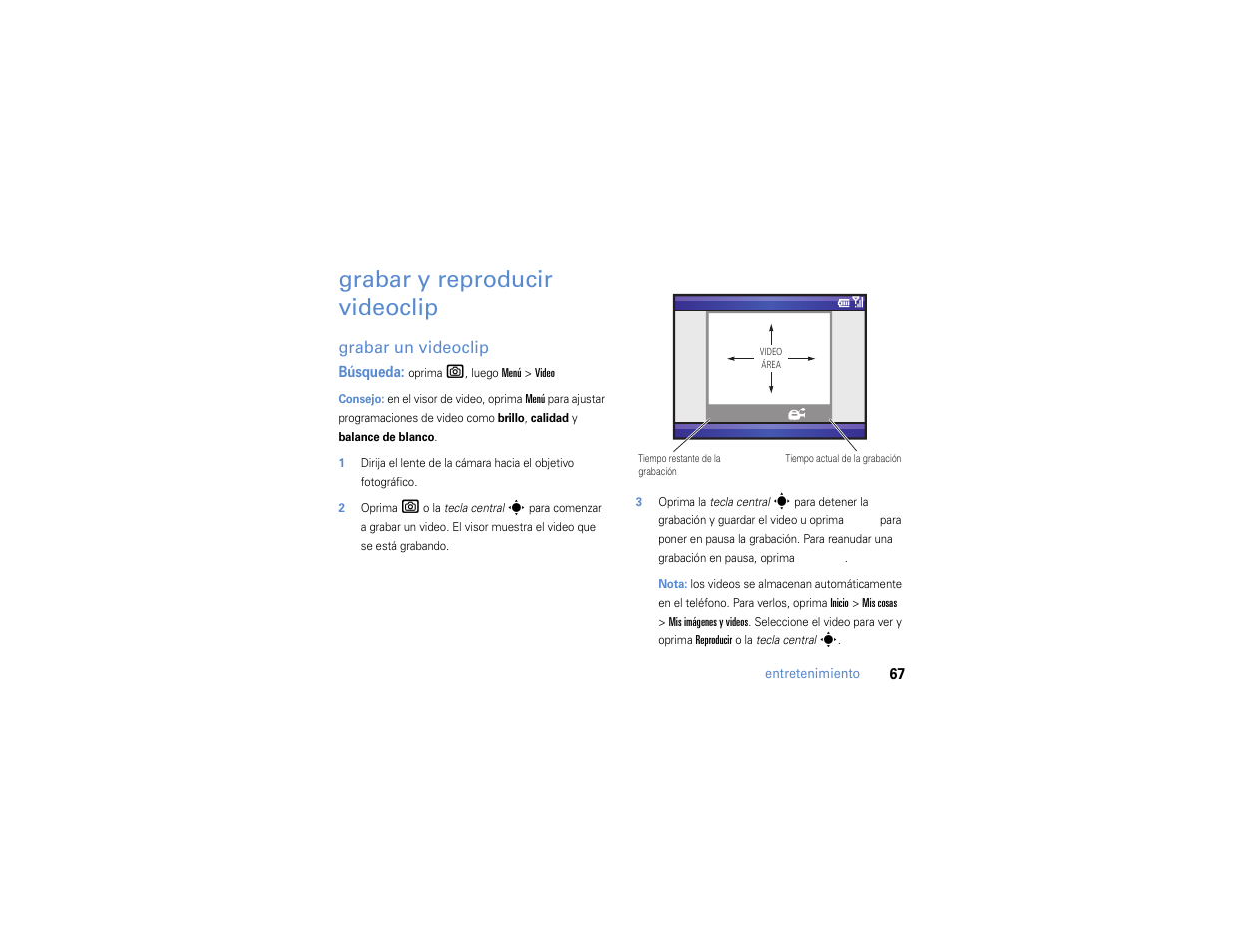 Grabar y reproducir videoclip, Grabar y reproducir, Videoclip | Grabar un videoclip | Motorola MOTO Q 9h User Manual | Page 157 / 184