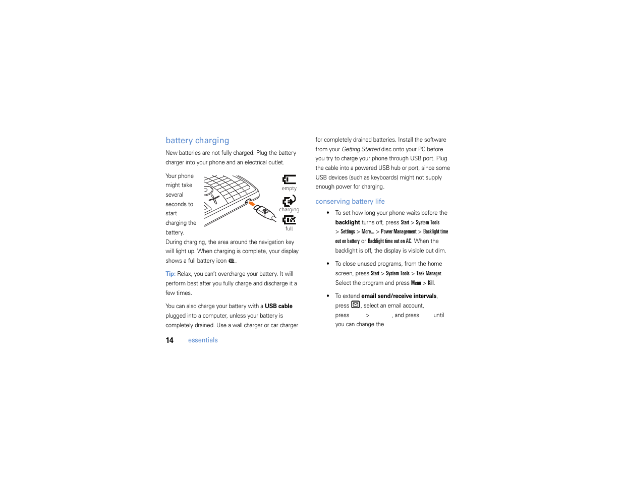 Battery charging | Motorola MOTO Q 9h User Manual | Page 16 / 184