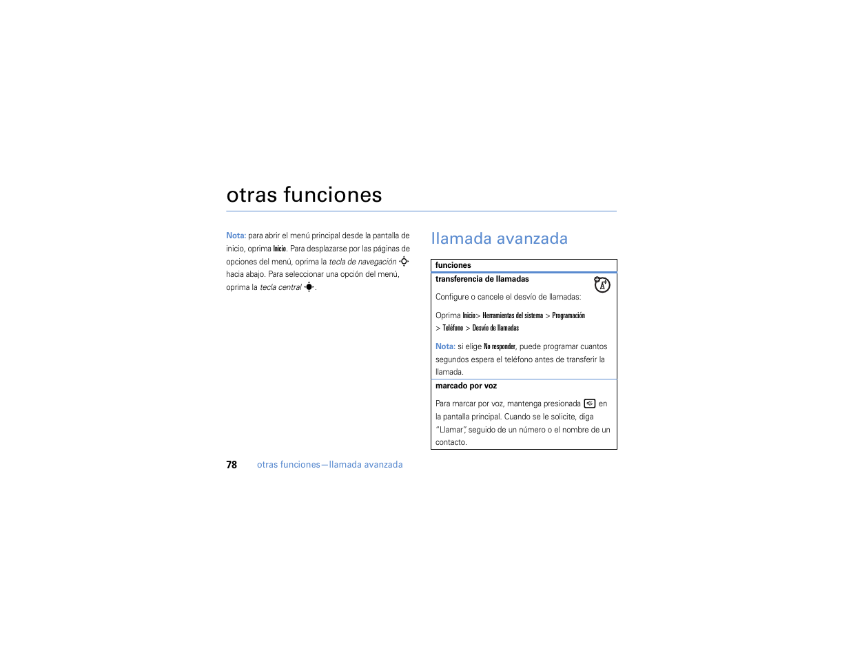 Otras funciones, Llamada avanzada | Motorola MOTO Q 9h User Manual | Page 168 / 184