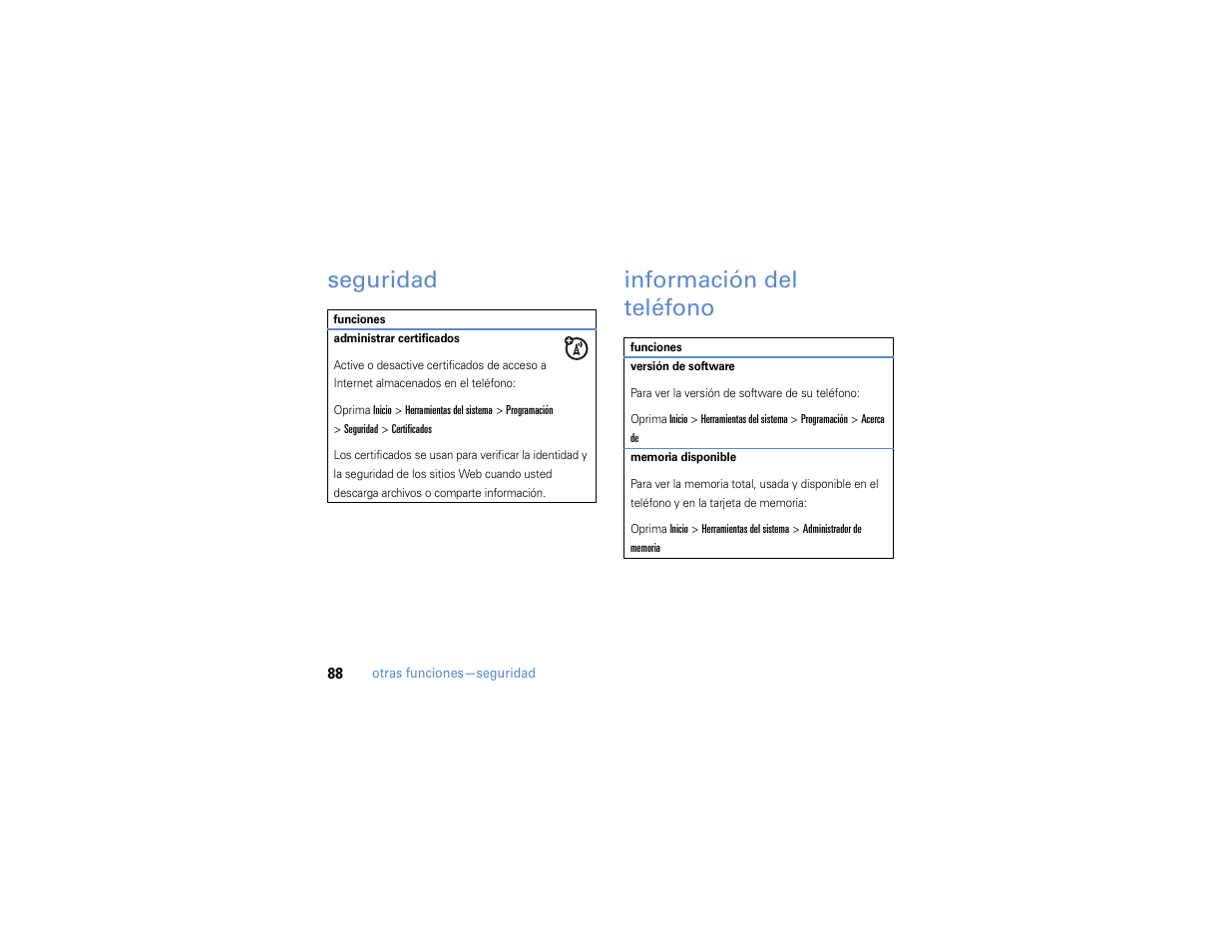 Seguridad, Información del teléfono, Seguridad información del teléfono | Motorola MOTO Q 9h User Manual | Page 178 / 184