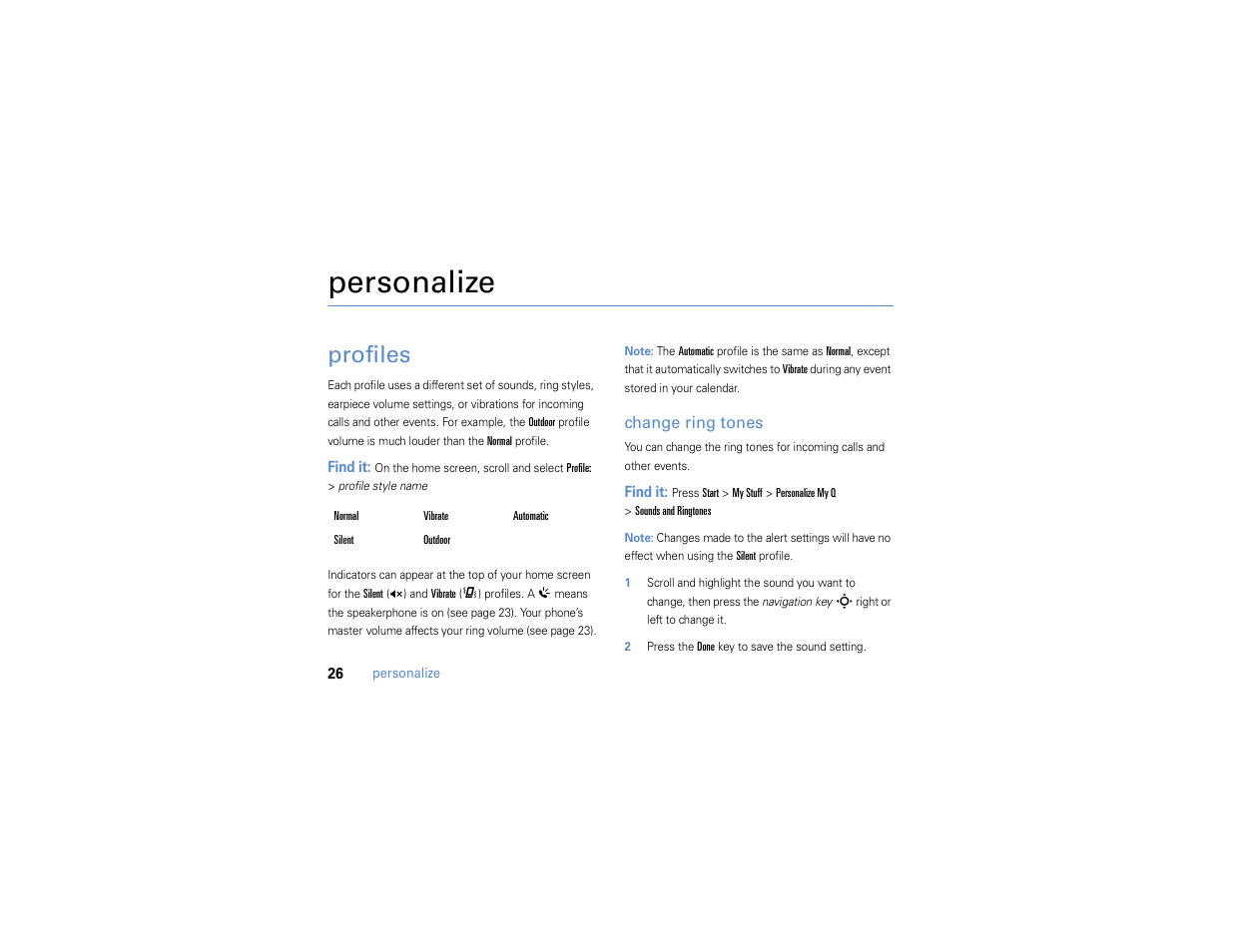 Personalize, Profiles | Motorola MOTO Q 9h User Manual | Page 28 / 184