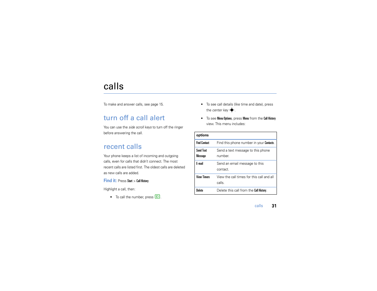 Calls, Turn off a call alert, Recent calls | Motorola MOTO Q 9h User Manual | Page 33 / 184