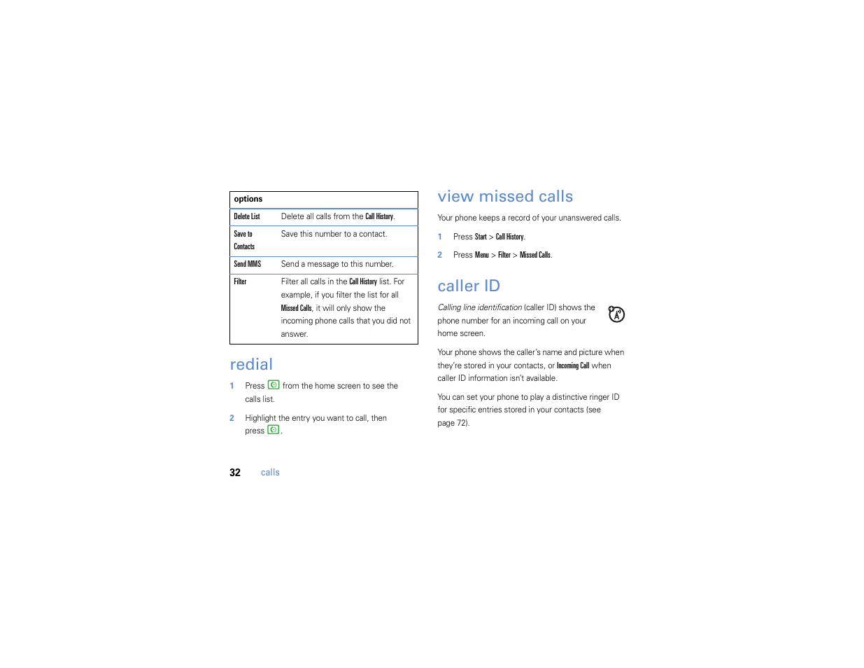 Redial, View missed calls, Caller id | Motorola MOTO Q 9h User Manual | Page 34 / 184