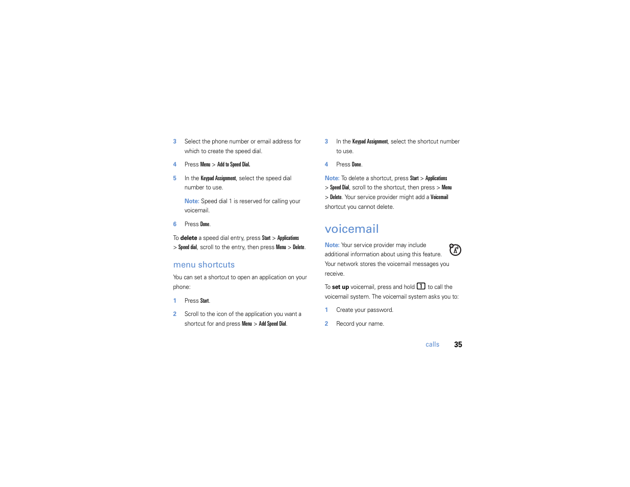 Voicemail, Menu shortcuts | Motorola MOTO Q 9h User Manual | Page 37 / 184