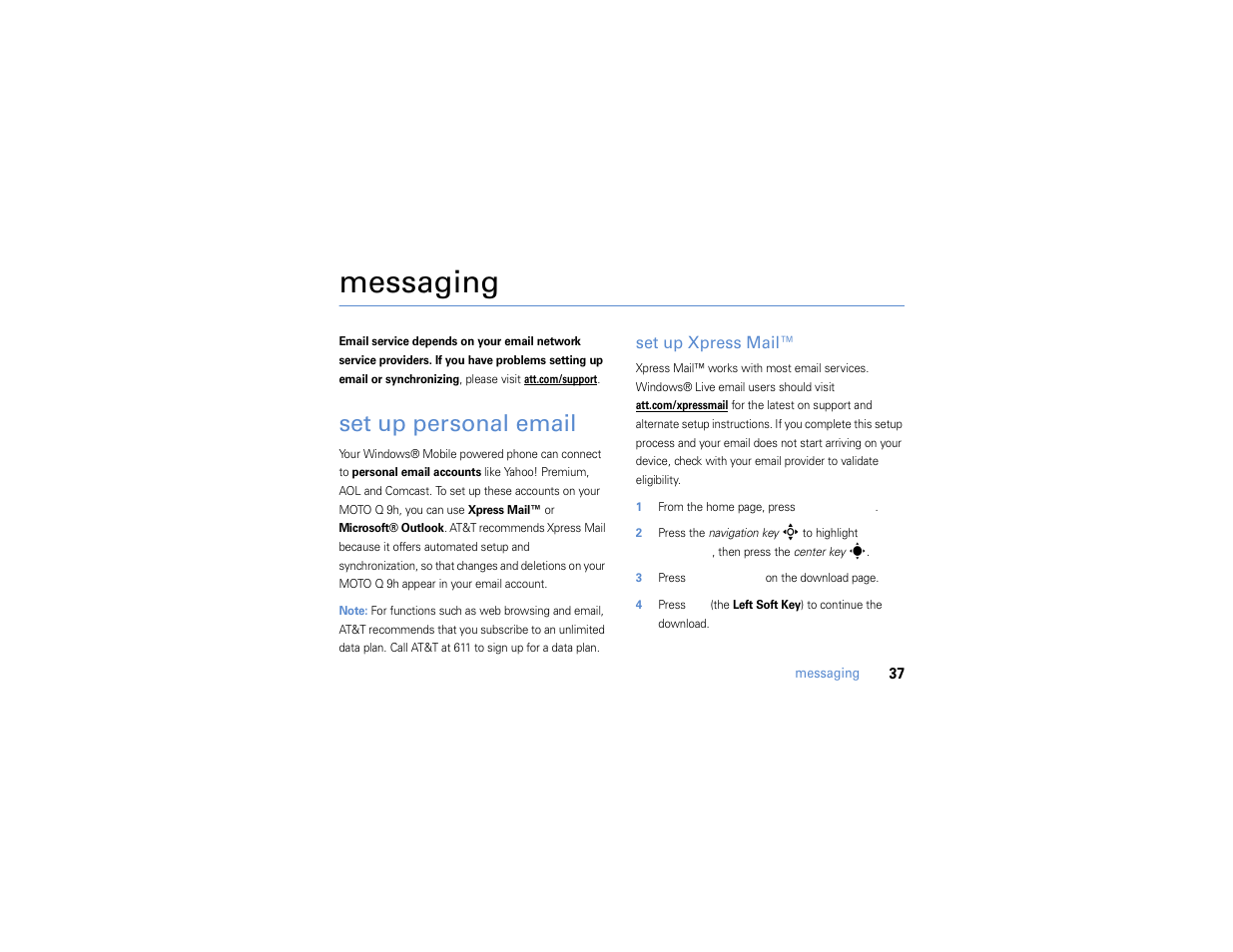 Messaging, Set up personal email | Motorola MOTO Q 9h User Manual | Page 39 / 184