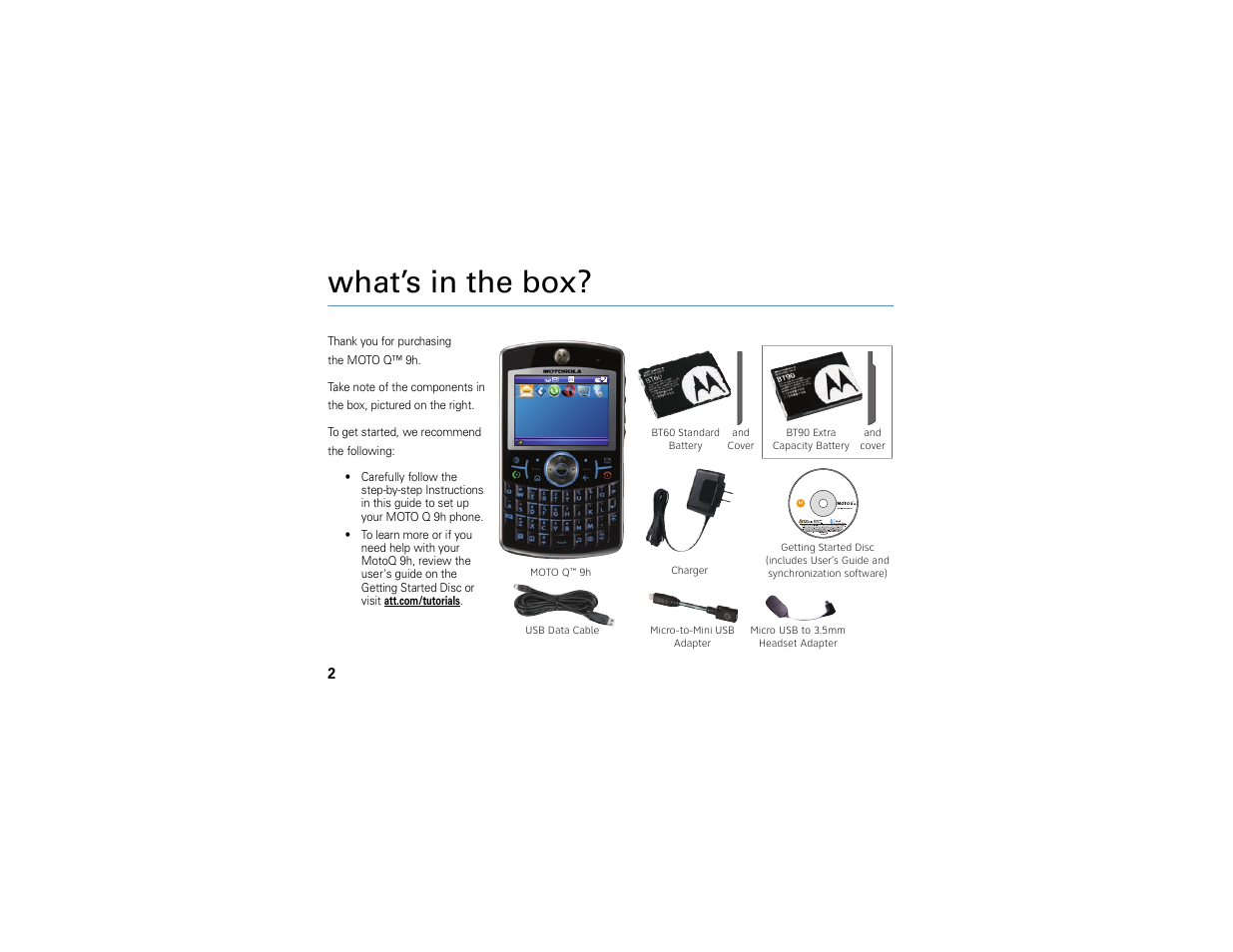 What’s in the box | Motorola MOTO Q 9h User Manual | Page 4 / 184