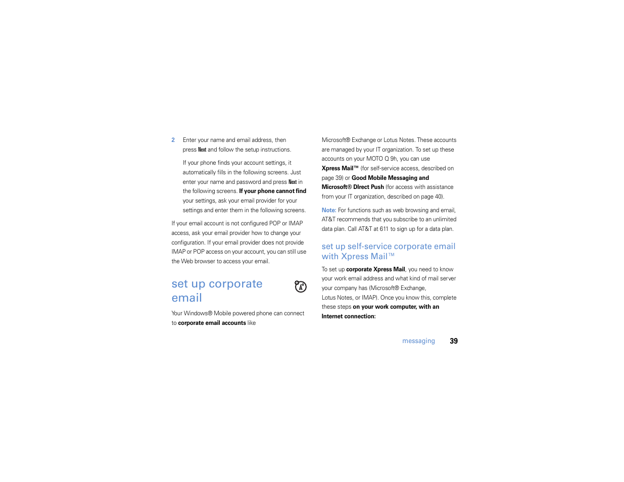 Set up corporate email | Motorola MOTO Q 9h User Manual | Page 41 / 184