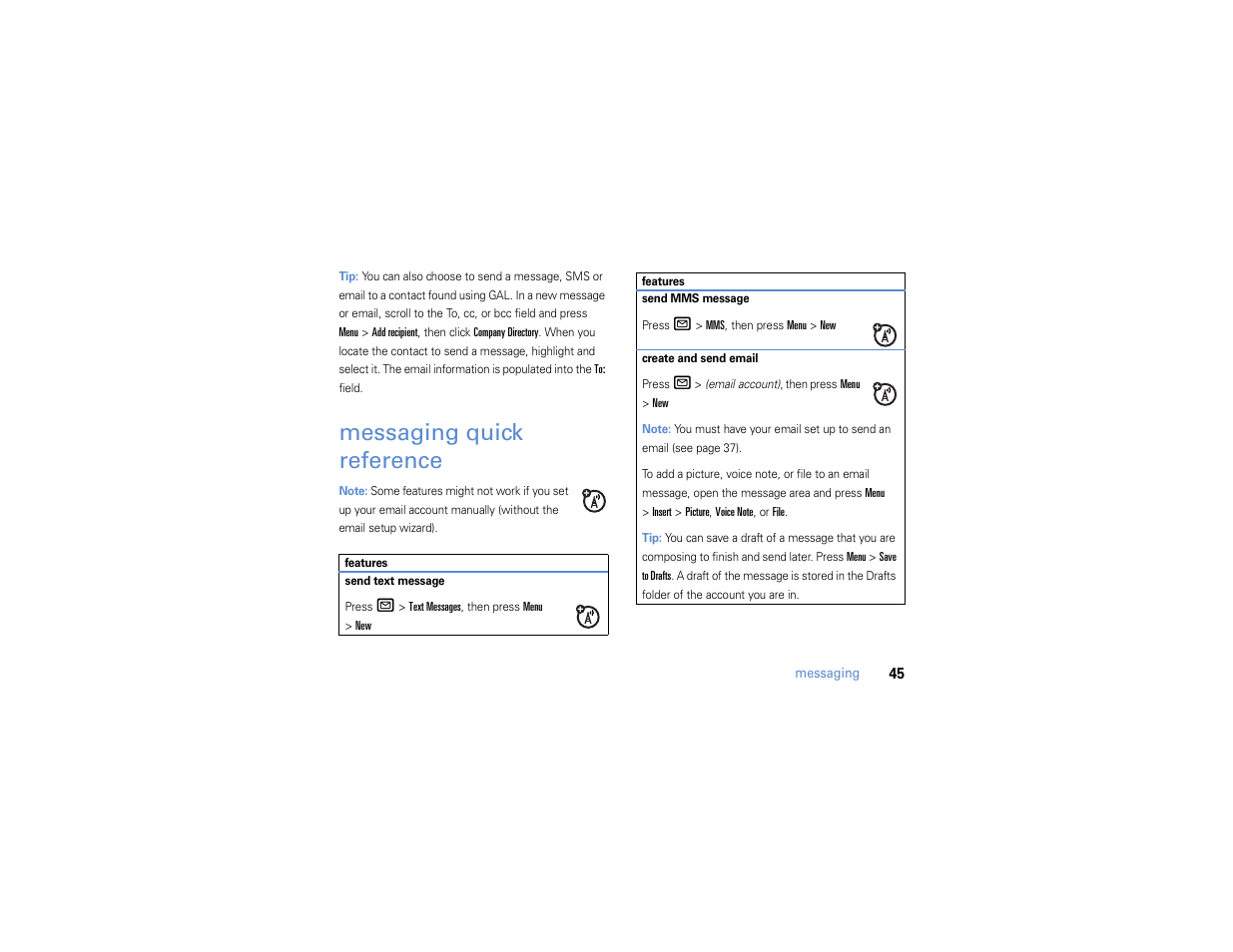 Messaging quick reference, Messaging quick, Reference | Motorola MOTO Q 9h User Manual | Page 47 / 184