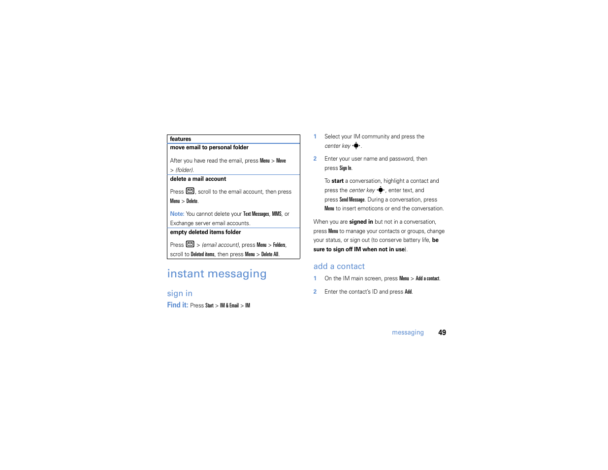 Instant messaging, Sign in, Add a contact | Motorola MOTO Q 9h User Manual | Page 51 / 184