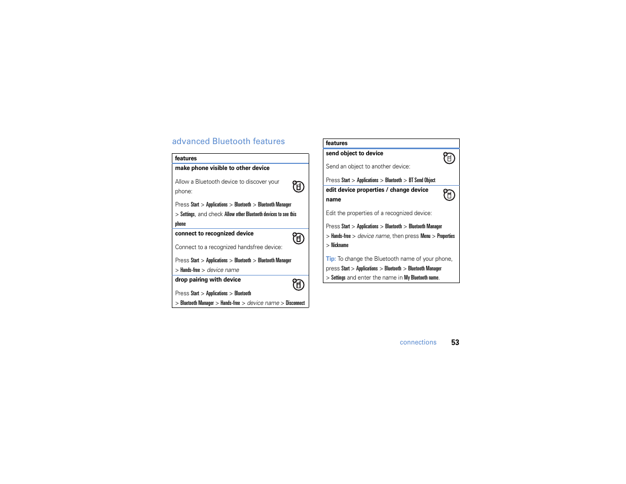 Advanced bluetooth features | Motorola MOTO Q 9h User Manual | Page 55 / 184