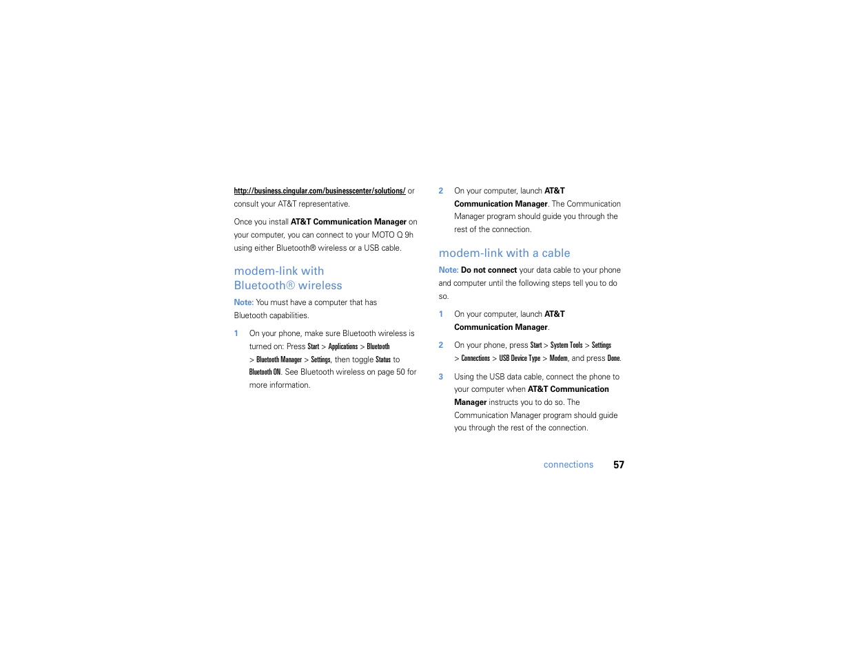 Modem-link with bluetooth® wireless, Modem-link with a cable | Motorola MOTO Q 9h User Manual | Page 59 / 184