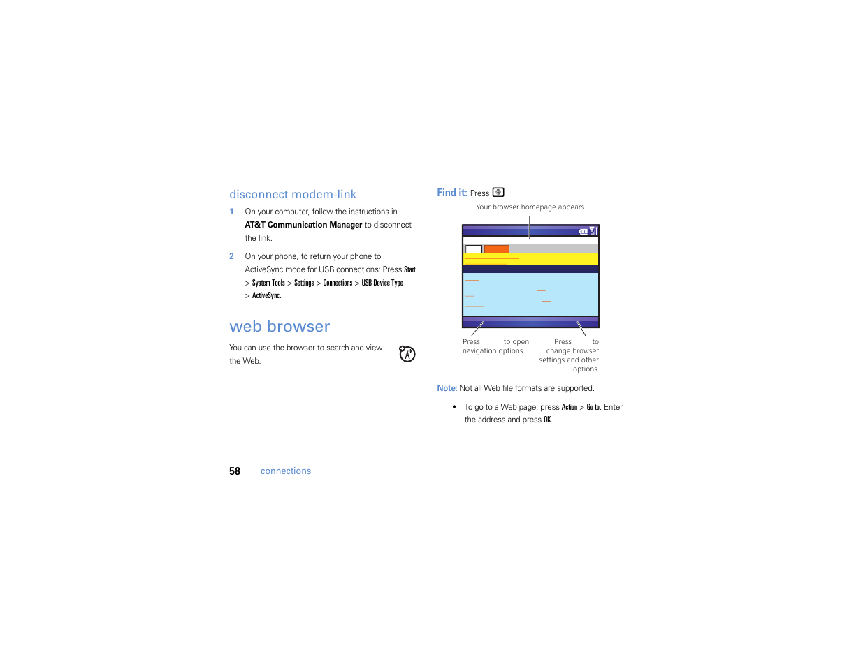 Web browser, Disconnect modem-link | Motorola MOTO Q 9h User Manual | Page 60 / 184