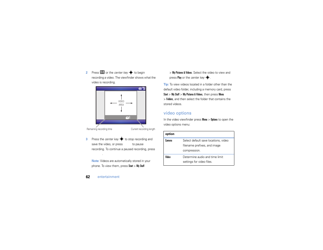 Video options | Motorola MOTO Q 9h User Manual | Page 64 / 184